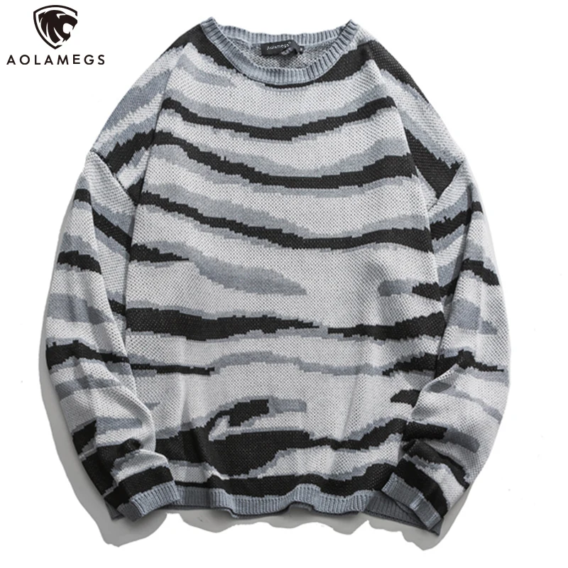 

Aolamegs Men's Sweater Wool Zebra Pattern Warm Pullover Male O-Neck Casual Knittwear Autumn Winter Fashion Loose Knitted Sweater