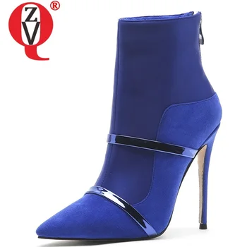 

ZVQ 2019 winter new fashion warm ankle boots outside high heels pointed toe zip plus size party flock women shoes drop shipping