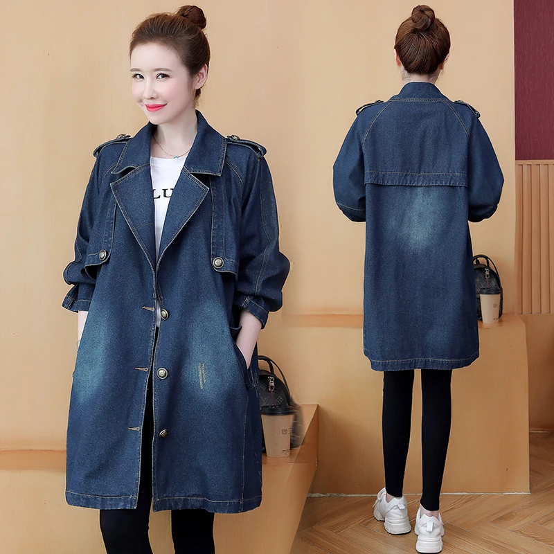 

Women Fashion Casual Jean Jacket Female Spring Autumn Denim Trench Coat With Suit Collar Streetwear Plus-Size Outerwear