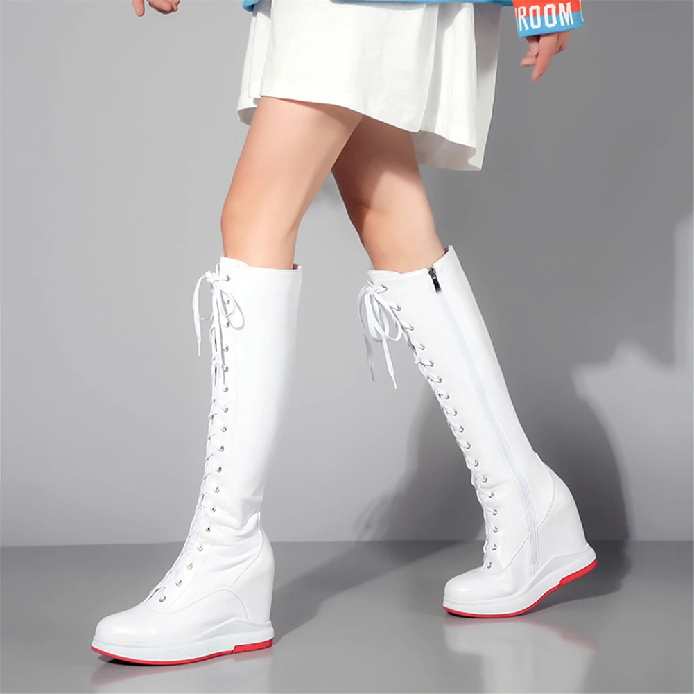 SARAIRIS Quality Genuine Leather mid-calf Motorcycle Boots Women Autumn Winter lace-up Height Increasing Shoes Woman 32-40