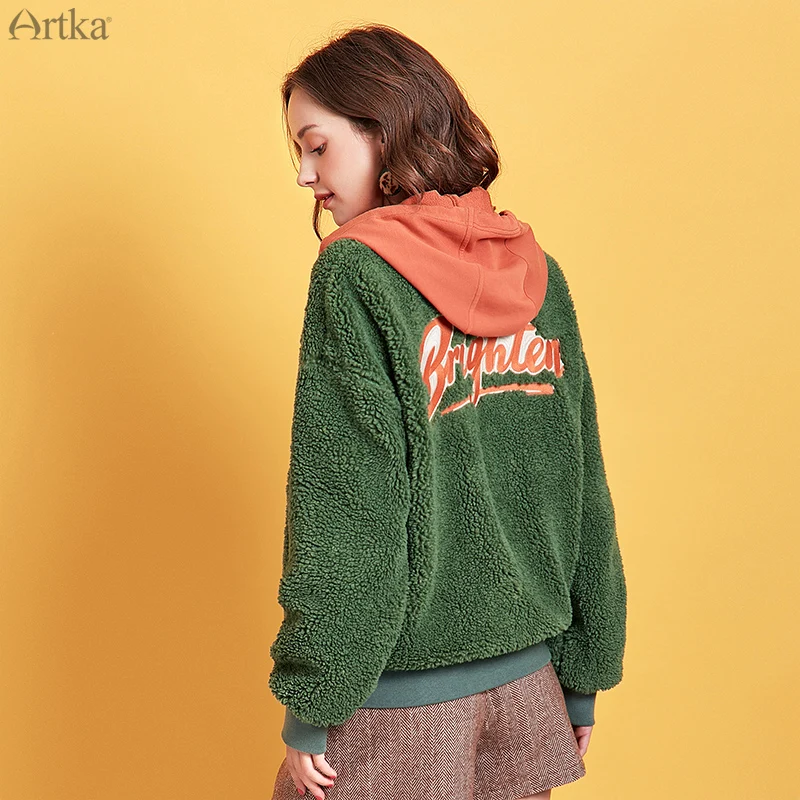ARTKA зимняя новая женская куртка с вышивкой, утолщенная теплая верхняя одежда из овечьей шерсти, повседневная куртка-бомбер, пальто с длинным рукавом W110095D
