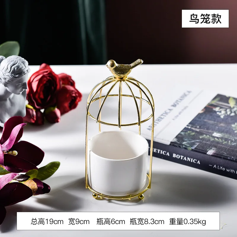 Birdcage iron Vase Ceramic flower Pot green plant simulation flower decoration Ornament - Цвет: A