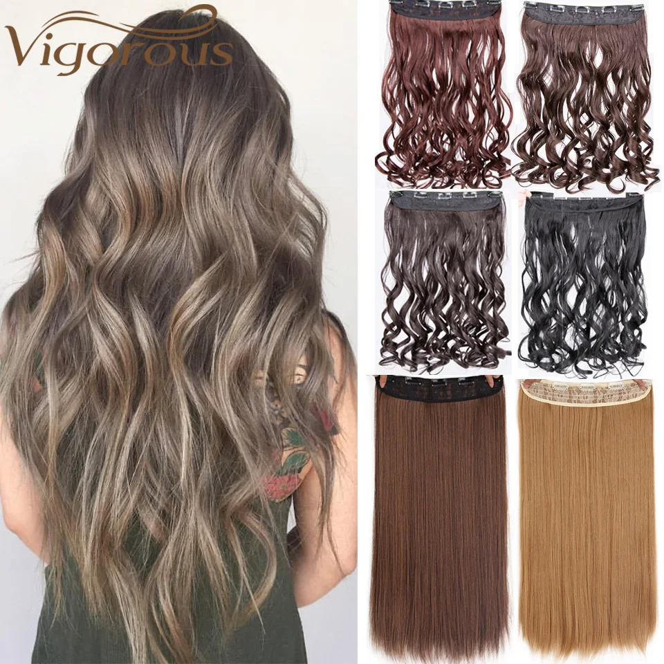 

Vigorous Black Blond 5 Clips 24inches Straight Long Clip In One Piece Extensions Synthetic Hair Wavy Long Hair for Women