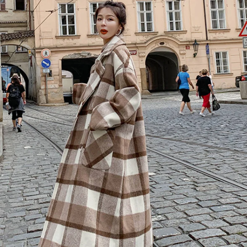 Heydress, зимнее женское плотное теплое шерстяное пальто в клетку, Женское пальто с отложным воротником и карманами, Женская двубортная верхняя одежда
