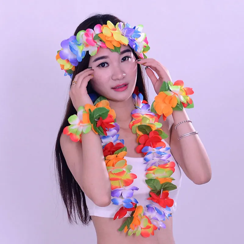 ZAMXHUG Cadena Hawaiana Con Flores – 4 Guirnaldas Hawaianas Con Volantes, Collar Hawaiano De Hula Aloha, Collar Hawaiano, Cadena De Flores, Disfraz Decorativo Para Niños, Adultos, Playa, Tropical