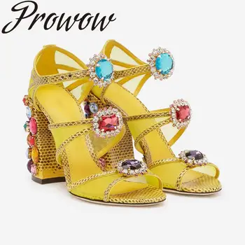 

Prowow New Summer Yellow Mesh Crystal Beading HIgh Heel Sandals Jewel Chunky Heel High Heel Sandals Shoes Women
