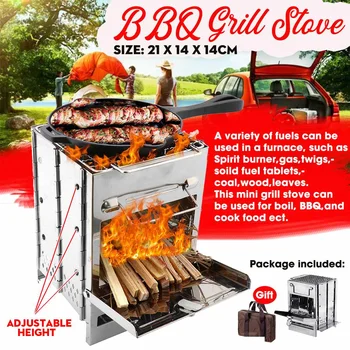 

21x14x14cm Portable Stainless Steel BBQ Grill Adjustable Height Folding Mini Barbecue Patio Outdoor Hiking Camping Home Park