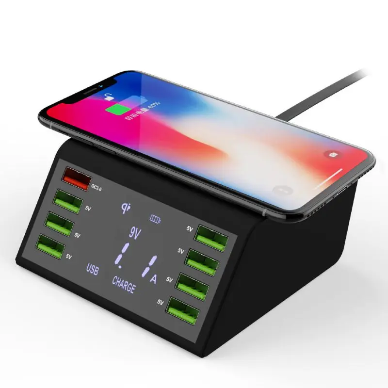 Phone Smart Charger+8-Port USB QC3.0+10W Wireless Fast Charging Digital Display Charger Built-in IC Chip Voltage Auto-correction