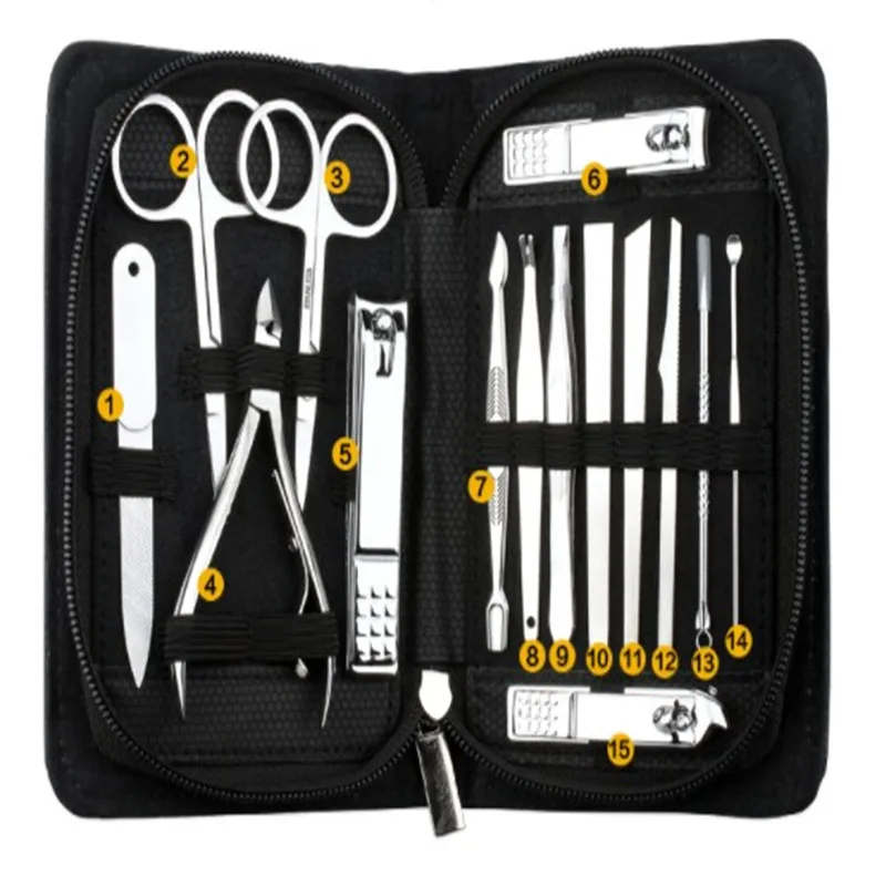15pcs Manicure Set Professional Nail Clipper Kit Utility Pedicure Scissors Tweezer Knife Ear Pick Nails Art Beauty Accessories