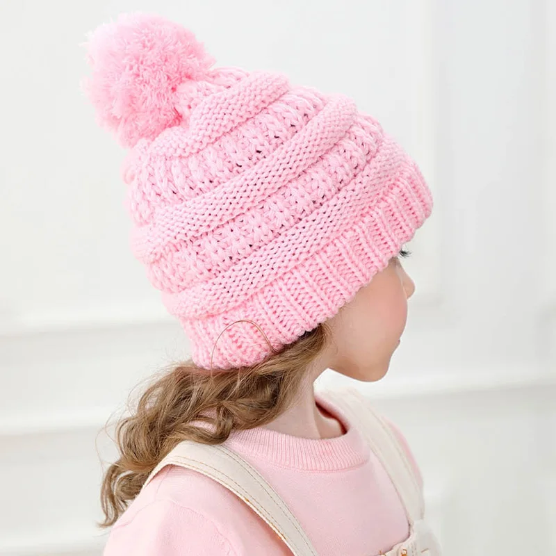 Children Knitted Girl Boy Cap Casquette Bonnet Wholesale Cute Fashion Beanie Cute Big Pompom Ball Warm Baby Winter Hat for Kids