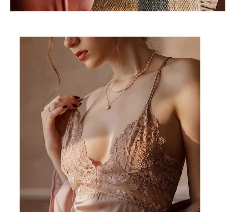 Camisola de Renda Feminina sem Costas Rendas com Decote em v Homewear para Feminino Sexy Lingerie Pijamas Imitar Gelo Seda Noite Vestido 8 Pijamas e Moda Íntima