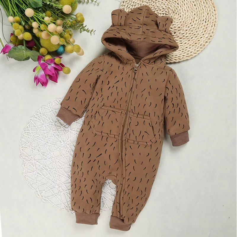 

New Leopard Autumn Winter Baby Girls Boys Rompers Cute Thick Warm Hooded Jumpsuits Newborn Clothes Infant Clothing Kid Outfits