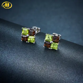 

Hutang Princess Stud Earrings Solid 925 Sterling Silver Fine Stone NaturalSmoky Quartz & Peridot Jewelry For New Years Gift