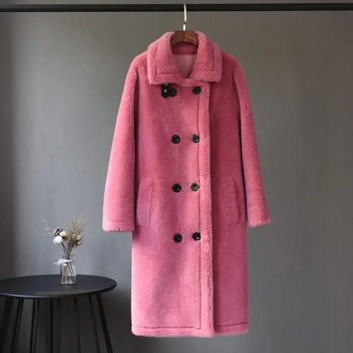 rose red Женское пальто с натуральным мехом, шерстяная куртка, зимнее пальто, одежда, корейское пальто из овчины, замшевая подкладка, манто для женщин L9002 - Цвет: rose red