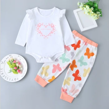

2Pcs Newborn Baby Girls Clothes Set Love Printed Long Sleeve Romper Tops Butterfly Printed Pants Infant Clothing Outfits