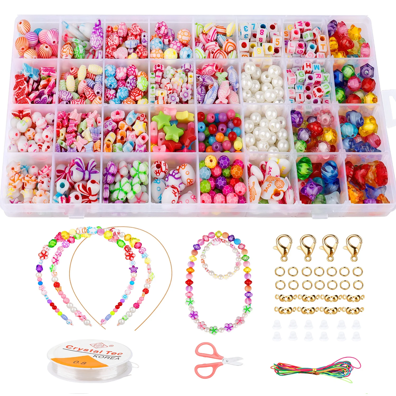 

32 Grids Kids Colorful Acrylic Beads Set Box Toy Jewelry Making DIY Beaded Bracelets Necklaces String Threading Educational Gift