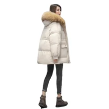 2021 Winter Women Coat Medium Length Down Cotton-Padded Jacket Large Fur Collar Loose Thickened Bread Female Warm Clothing