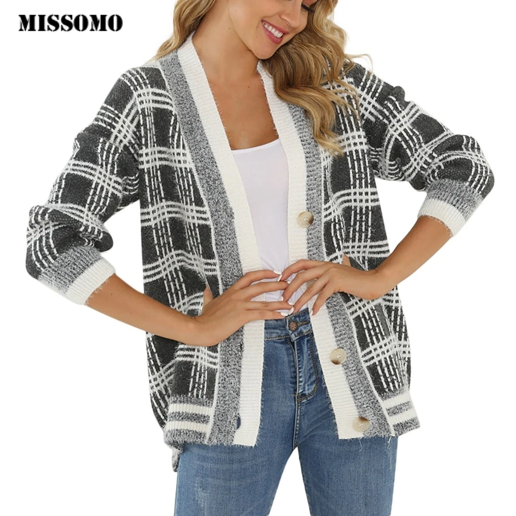 

MISSOMO Winter cardigan women Knitted Sweater V-Neck Patchwork Button Long Sleeve Femme cardigan sweaters women invierno 2019 8