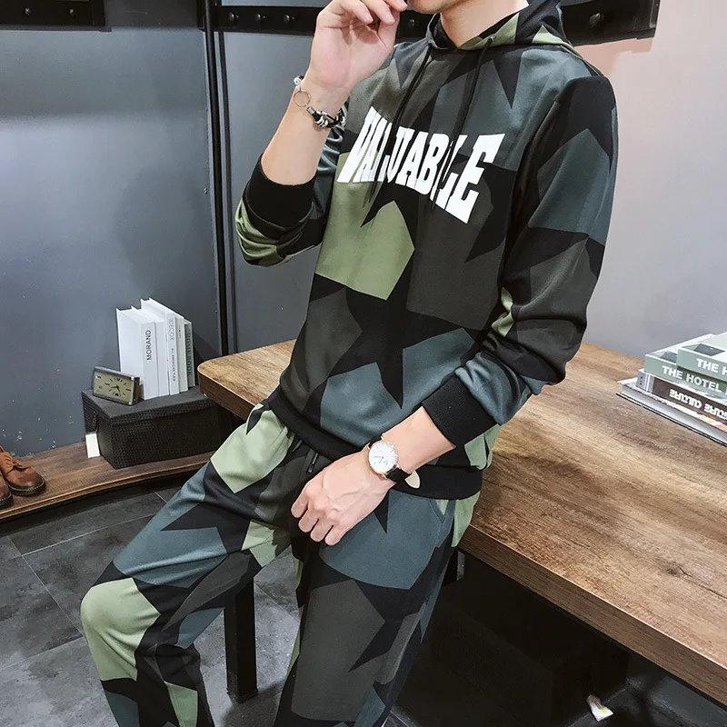 

2019 Autumn New Style Hoodie Set Korean-style Men Pullover Sports Casual Camouflage Two-Piece Set Fashion