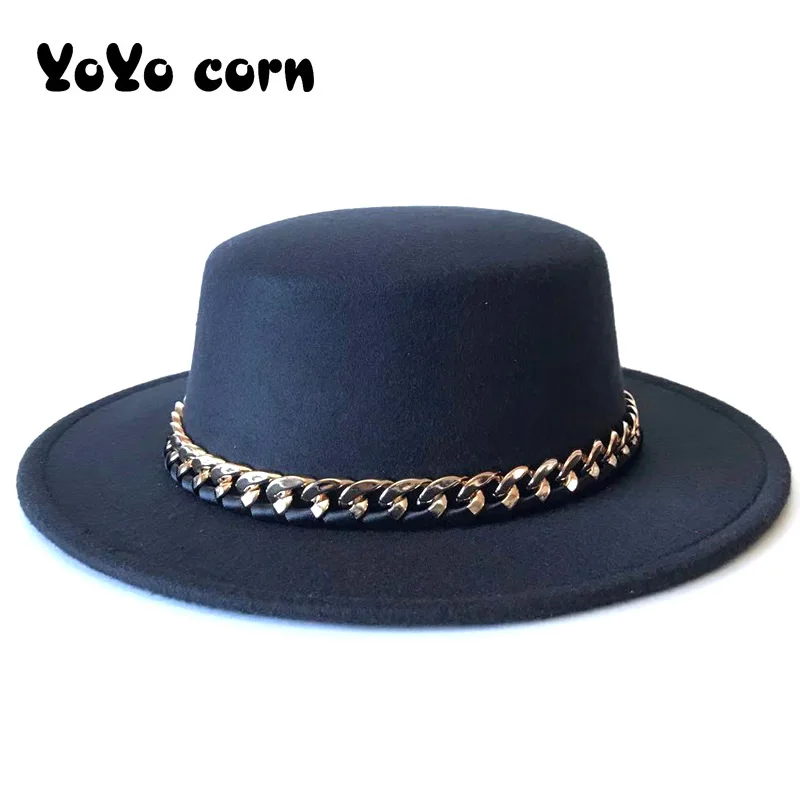 

Ribbon Gentleman Elegant cap Lady Winter Autumn Wide Brim Church Panama Sombrero Jazz Cap Golden chain Women Men Wool Fedora Hat