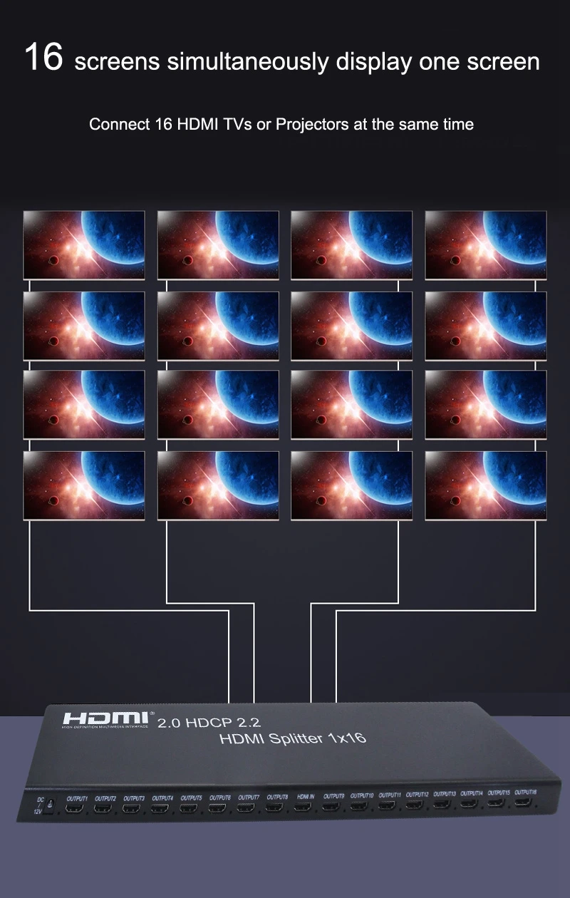 1x16 HDMI 2,0 split ter Adatper split 4K 60Hz HDCP 2,2 3D HDR 1080P 1 HDMI In 16 Выход видео конвертер DVD ноутбук ПК на телевизор HD tv