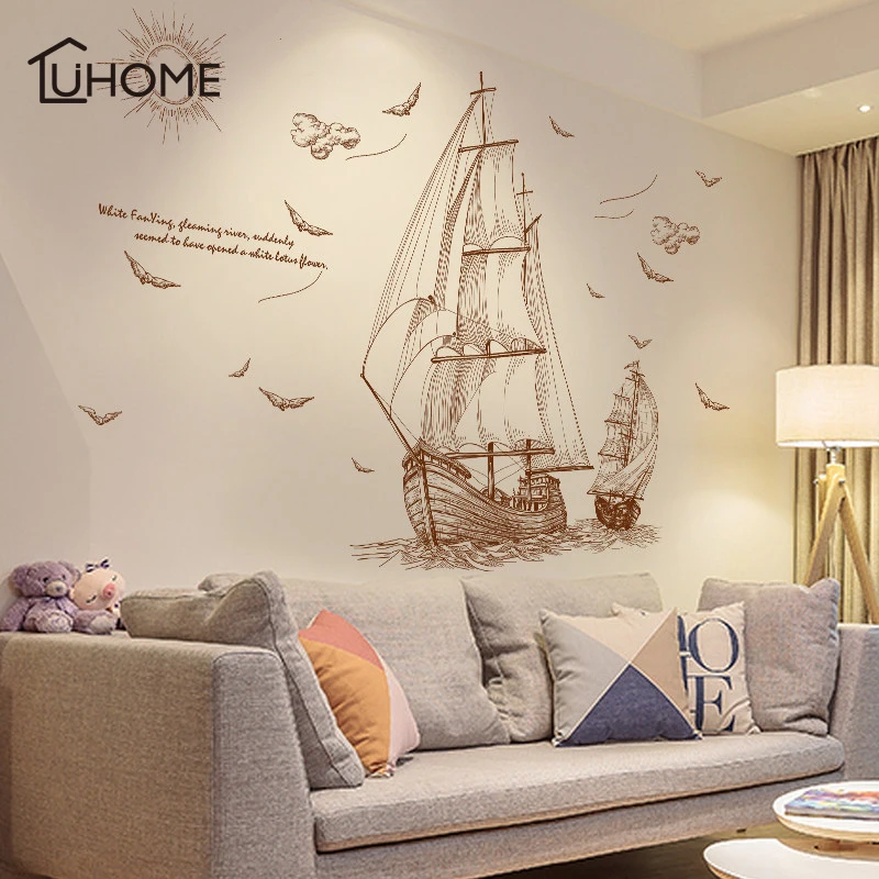 DIY Sailboat Voyage Seabirds Landscape Large Wall Stickers Home Decor Living Roo