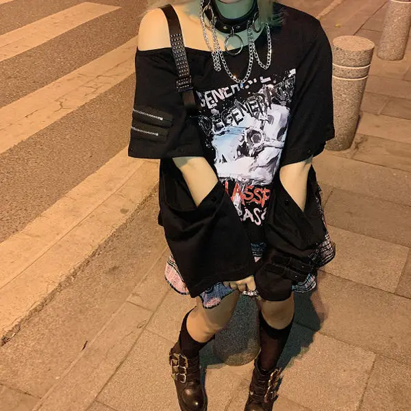 y2kです☆フォロー割 KOSAHIKI Y2k T-shirt Women Harajuku Black Vintage Tops Skull