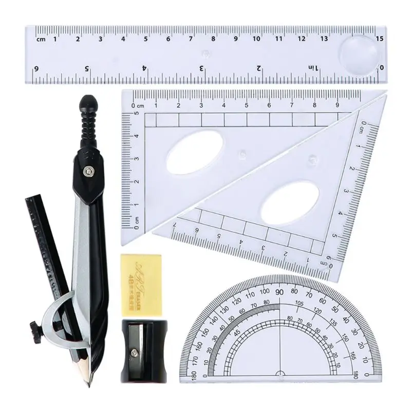 7pcs/set Student school math geometry protractor drawing compass ruler pencil 