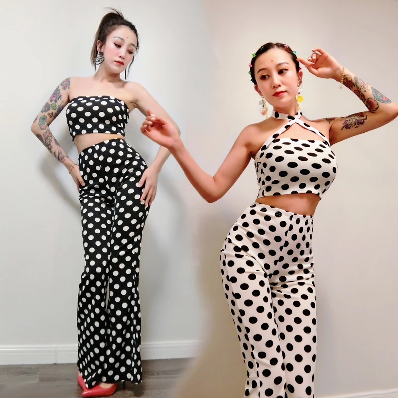 

Новый бар певица DJ DS костюмы в стиле "Ретро", с узором в горошек, с бандажем и верхной частью пробки и расклешенные комплекты со штанами для детей ростом Для женщин Карнавальный костюм для вечеринок DWY4071