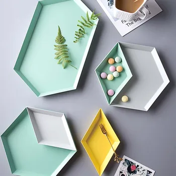 

Tray Nordic Geometric Diamond Metal Hexagonal Cake Fruit Dish Plate Polygon Jewelry Display Plate Desktop Combination Storage