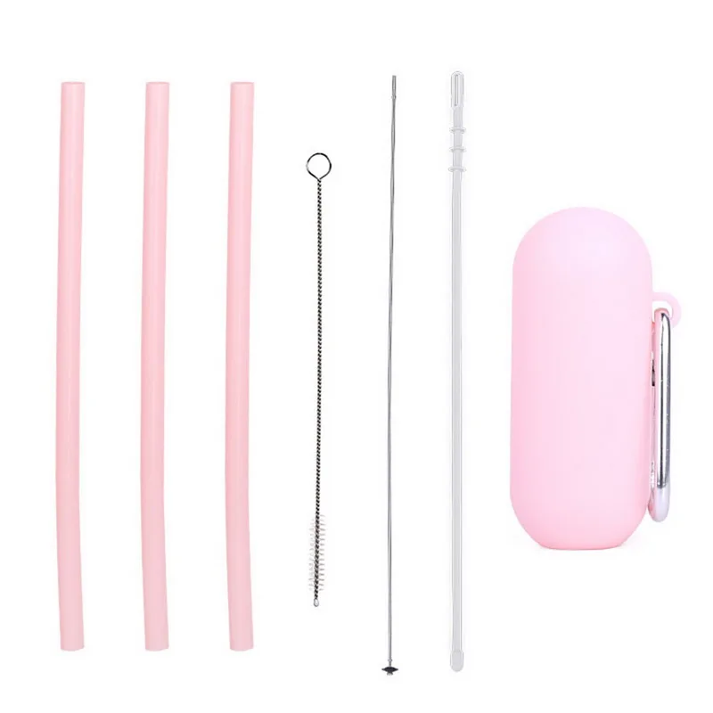 22cm pink Складной питьевые соломинки многократного использования силиконовые трубочки с щеточка для чистки чехол Портативный экологически-безопасные соломинки для путешествий - Цвет: 22cm pink