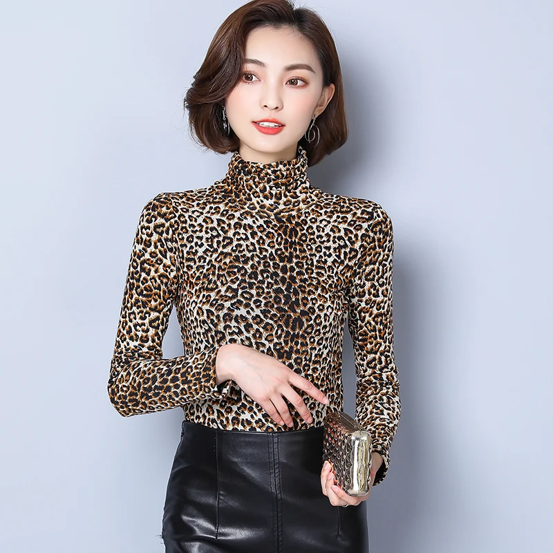 

2019 Women Autumn and Winter Leopard Print Shirt High-collar Long Sleeve Leopard Elegant Women 4XL Tee Shirt Elastic Vintage Top
