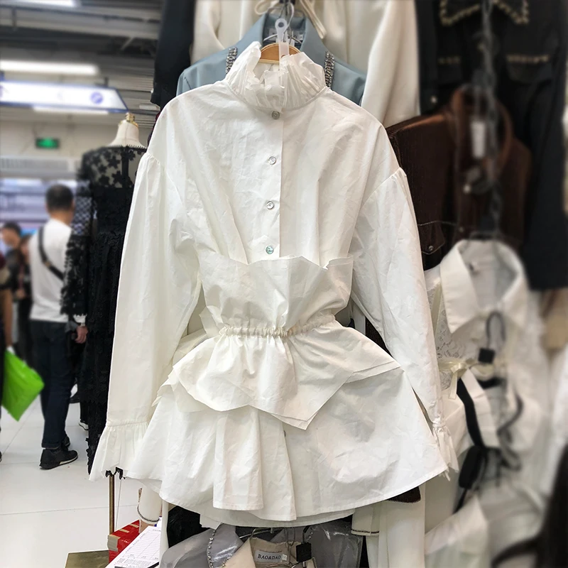 

2020 Spring New Fashion Petals Turtle-Neck Long-Sleeve Blouse + Girdle 2-Piece White Blouse Ladies Streetwear Blouses Blusas