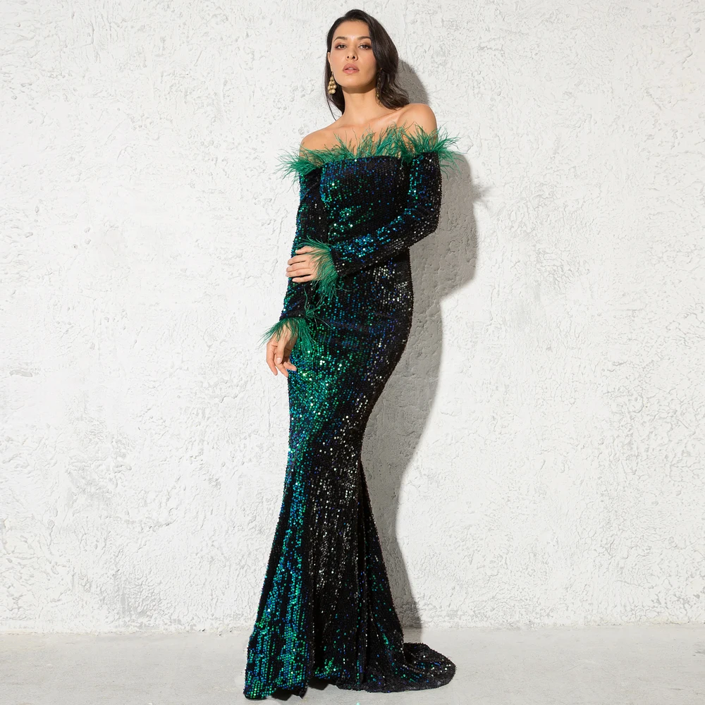 

Green Sequined Off The Shoulder Evening Party Dress Feather Patchwork Slash Neck Stretchy Shiny Full Sleeveed Long Bodycon Dress