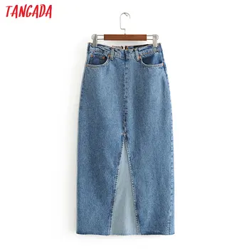 

Tangada women color block denim midi skirt faldas mujer office ladies elegant chic mid calf skirts 3H581