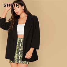 Шеин черный с заниженным плечом Нотч Воротник одноцветное Пальто Блейзер для женщин Осень длинным рукавом негабаритных Повседневная Верхняя одежда Пальто без пояса