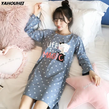

2019 Autumn 100% Cotton Student Nightgowns For Women Long Sleeve Night Dress Girls Cute Cartoon Home Dress Sleepwear Nightdress