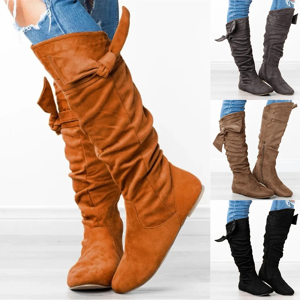 

New Women Boots Ladies Fashion Casual Beautiful Knotted Knee-high Long Boots Flat Shoes Zapatos De Mujer