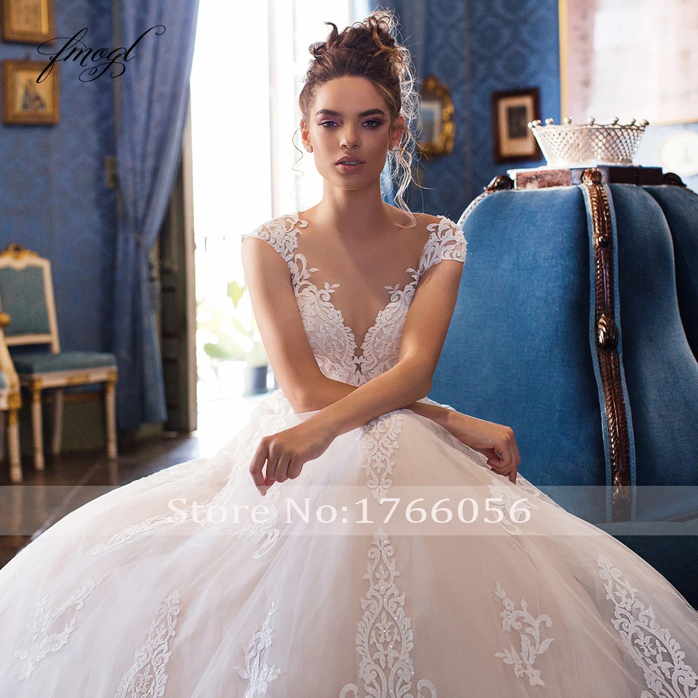Fmogl Sexy Illusion Scoop Neck Lace A Line Wedding Dresses 2020 Luxury Appliques Cap Sleeve Court Train Vintage Bridal Gowns