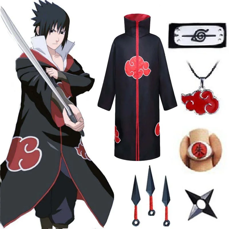Аниме Akatsuki Хэллоуин Косплей костюмы повязка на голову кольцо кунай плащ Итачи