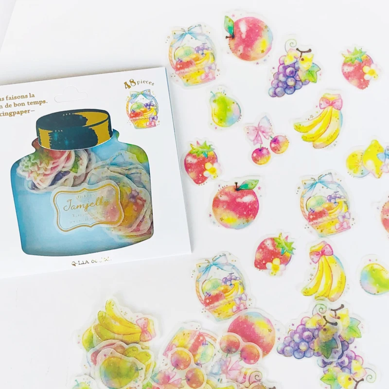 Pegatinas de decoración para diario y cuaderno, pegatinas con olor colorido, fruta de fresa, estampado dorado, 1 paquete de 48 Uds.