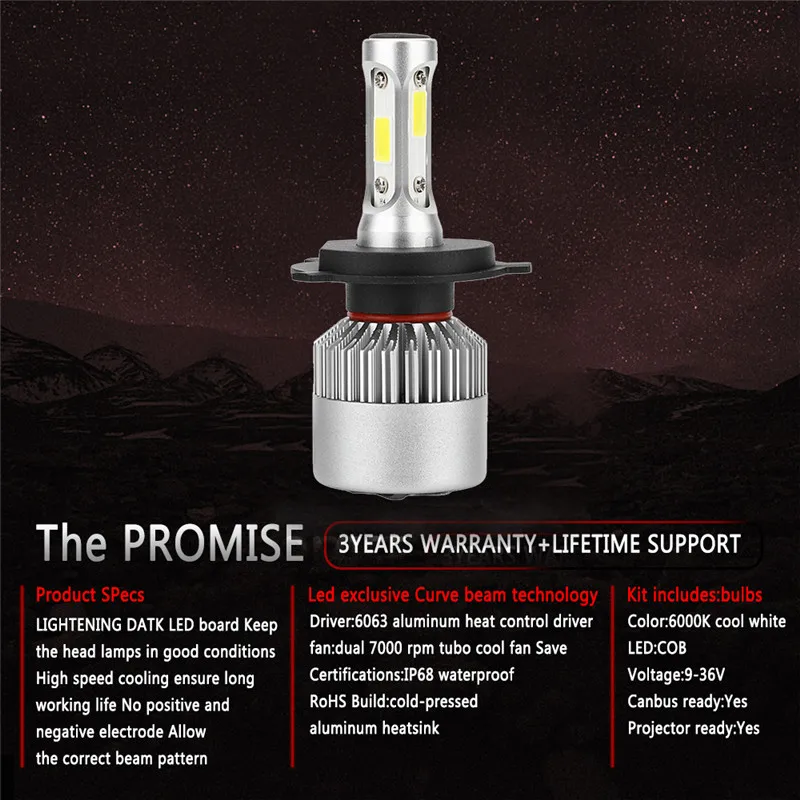 

JOSHNESE 6000K LED H4 9003 HB2 S2A Car Headlight Bulbs 72W 8000LM Car Styling Hi/Lo Beam Bulbs 6000K Car Accessories