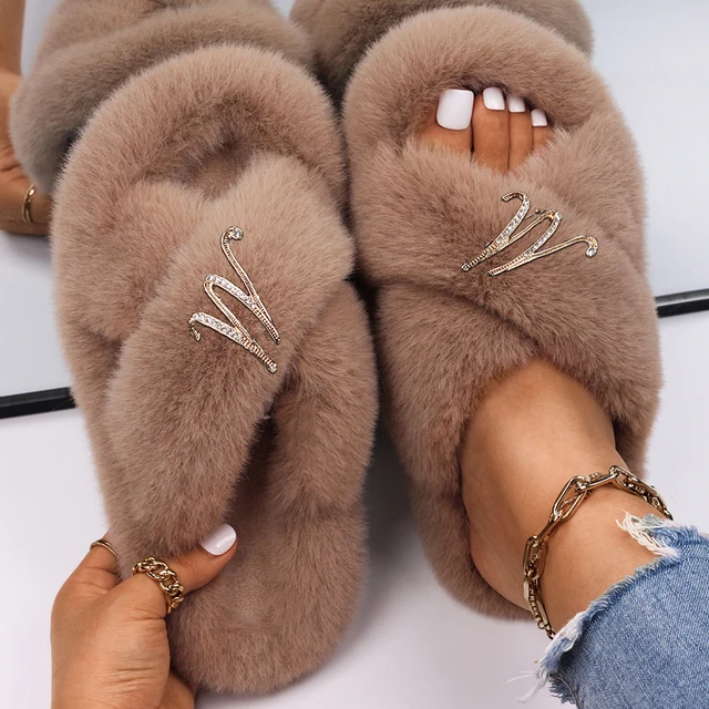 Fluffy Slippers Women Crystal Flower Decor Furry Sandals Elegant Ladies Home Flip Flops Faux Fur Slides Luxury Designer Shoes Khaki11