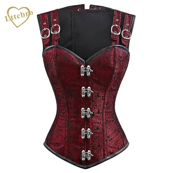 

Steampunk Corset and Bustier Red Brocade Sexy Cupless Vest Corset Gothic Waist Corsets Steel Boned Cosplay Clothing Black Top