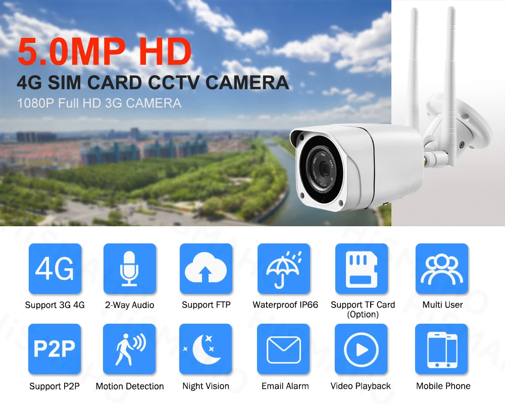 4G wifi IP камера SIM карта 1080P пуля наружная камера безопасности Аудио запись 5MP HD IR ночное видение GSM P2P SD CamHi приложение
