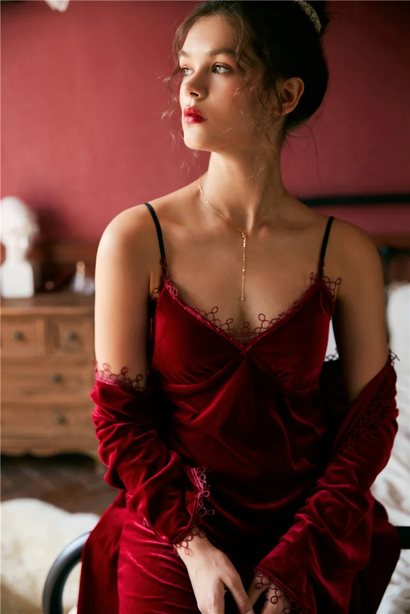 Wine Red Осенне-зимний комплект из 2 предметов для отдыха, женский халат+ Пижамный костюм, ночная рубашка с халатиком, одежда для сна, женский сексуальный комплект одежды для сна - Цвет: Wine Red