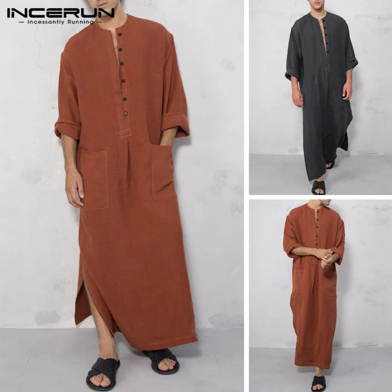 

INCERUN Mens Islamic Arabic Jubba Thobe Long Sleeve Pockets Solid Vintage Men Robes Saudi Arabia Abaya Muslim Kaftan Dress 2019