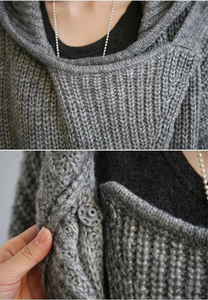 Ladies Woolen Jacket Coat Autumn Winter Casual Knitted Warm Thick Long Coat Outwear Female Women Hooded Overcoat Hoodies