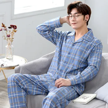 

Spring And Autumn Men'S Long-Sleeved Cotton Pajamas Middle-Aged And Elderly Men'S Plaid Sleepwear Cotton Home Service Nighties