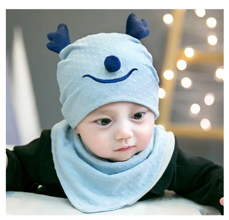 PUDCOCO Cute Baby Toddler Spring Autumn Cartoon Antlers Beanie Hat Hooded Triangle Scarf Knitted Cap Kids 0-8M